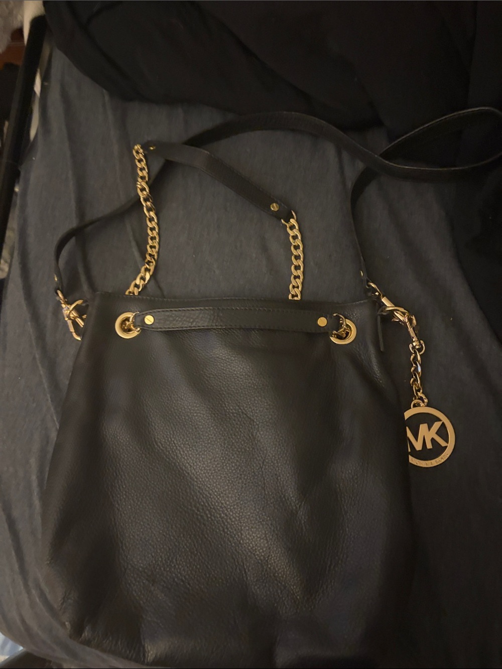 Michael Kors Black Leather Shoulder Tote with Gold Hardware
